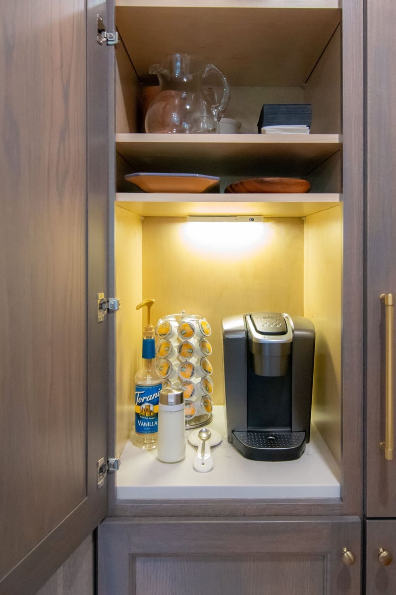 Coffee pantry with custom lighting in a boston kitchen remodel.